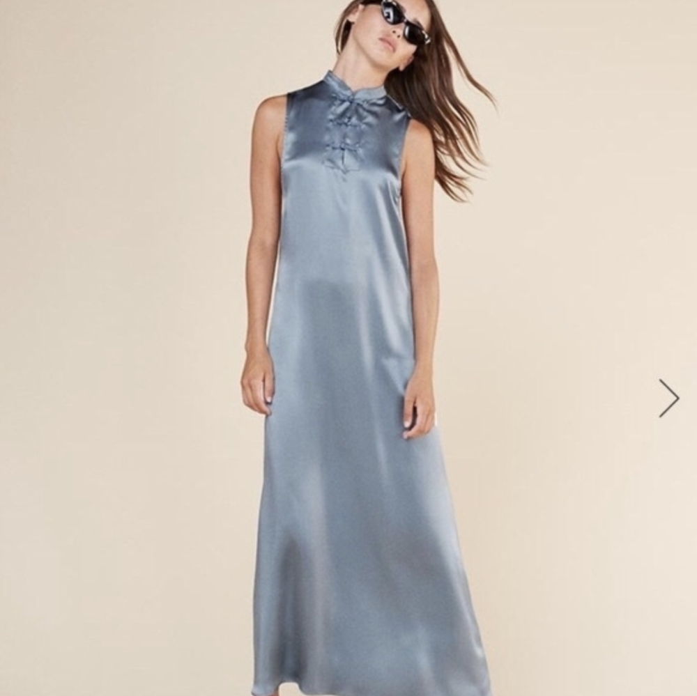 NWT REFORMATION | Cheongsam Knots Silk High Neck Dress Small Icy Light Blue